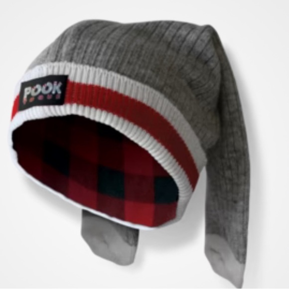 POOK TOQUE Adult Light Grey Sock Hat with Red Plaid One Size Fits most - Picture 1 of 9